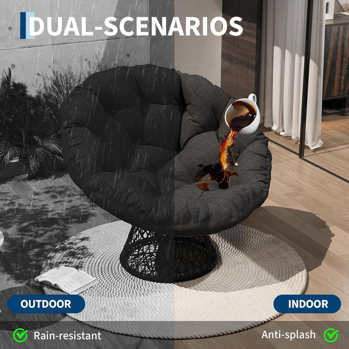 Ergonomischer Papasan Sessel Grau mit Kissen & 360° Drehung