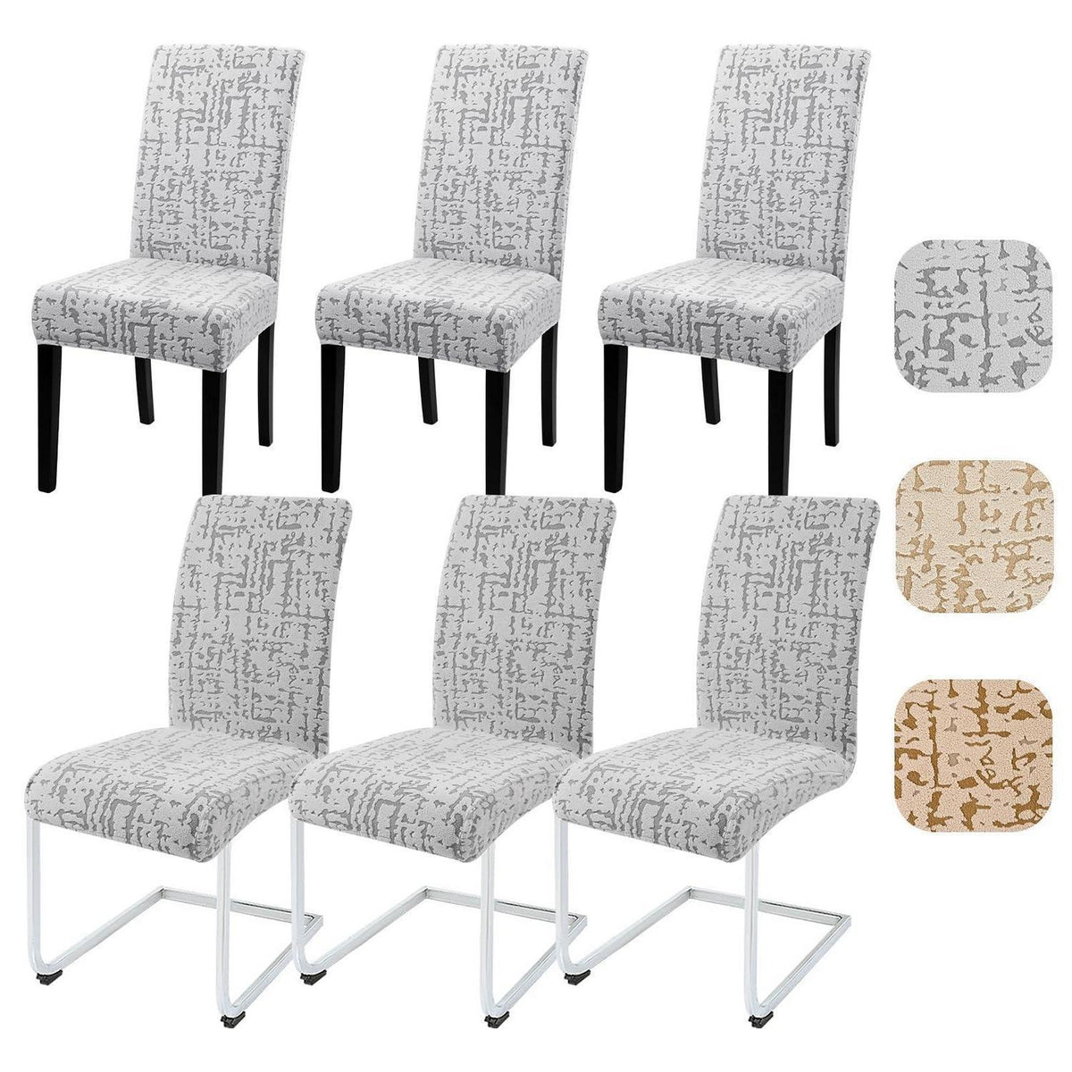 Stretch Stuhlhussen Set 6er - Hellgrau, Kurzflor Jacquard