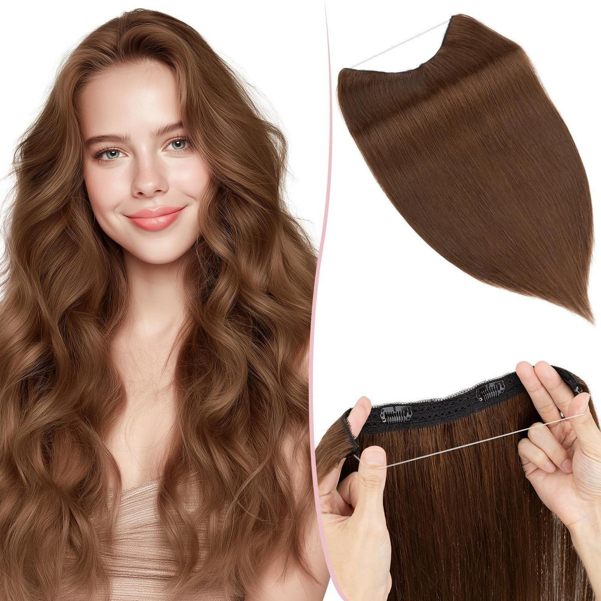 Echthaar Haarverlängerung Draht Tresse Mittelbraun 50cm
