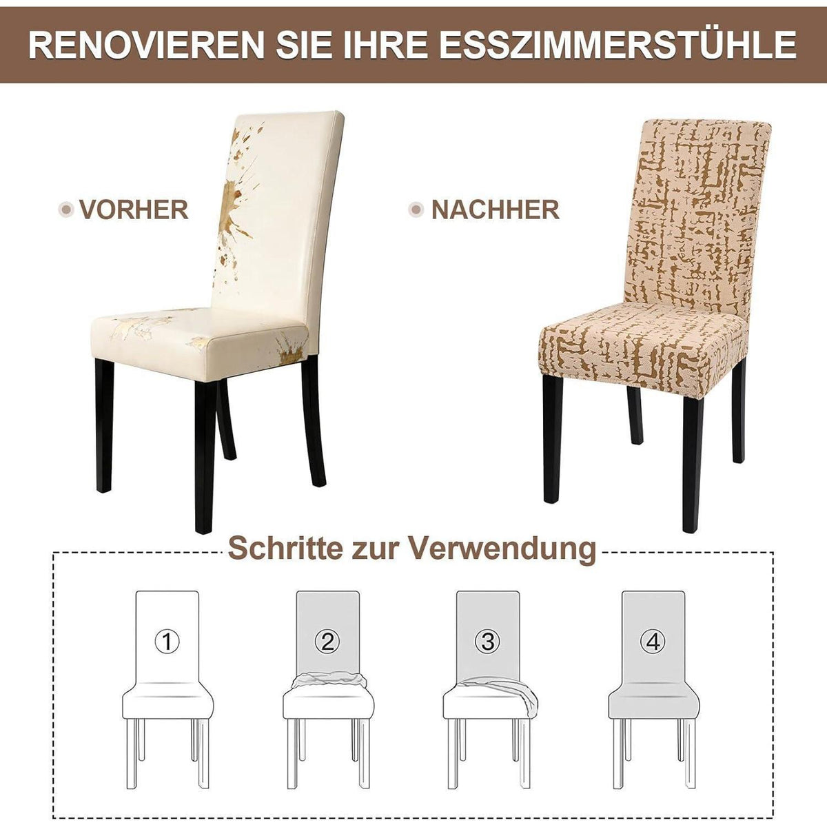 Stretch Stuhlhussen Set 4er – Camel | Jacquard, Waschbar