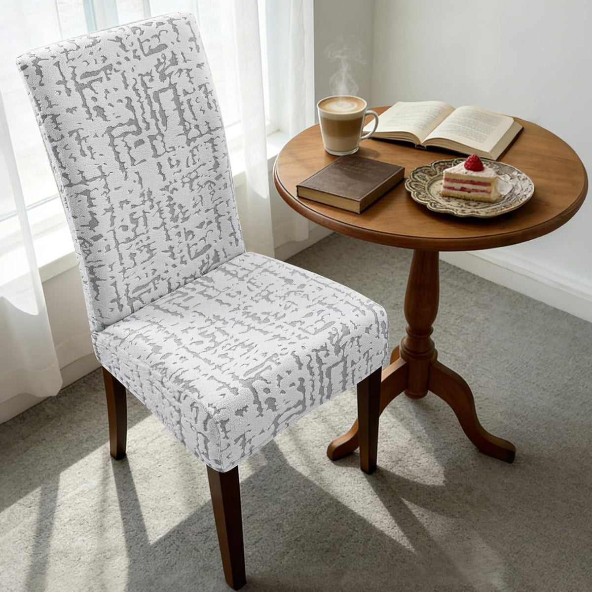 Stretch Stuhlhussen Set 4er - Hellgrau, Kurzflor Jacquard