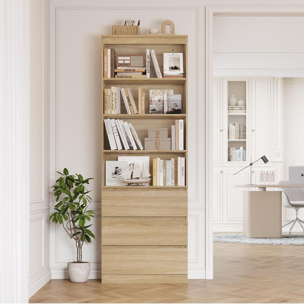 Bücherregal Hochschrank mit Schubladen & Ablagen – Eiche