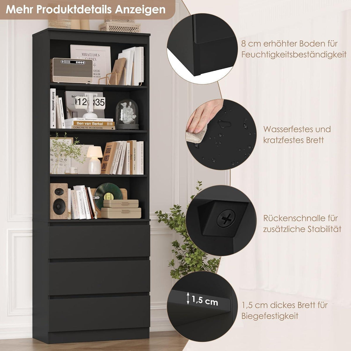 Bücherregal Hochschrank mit Schubladen & verstellbaren Ablagen