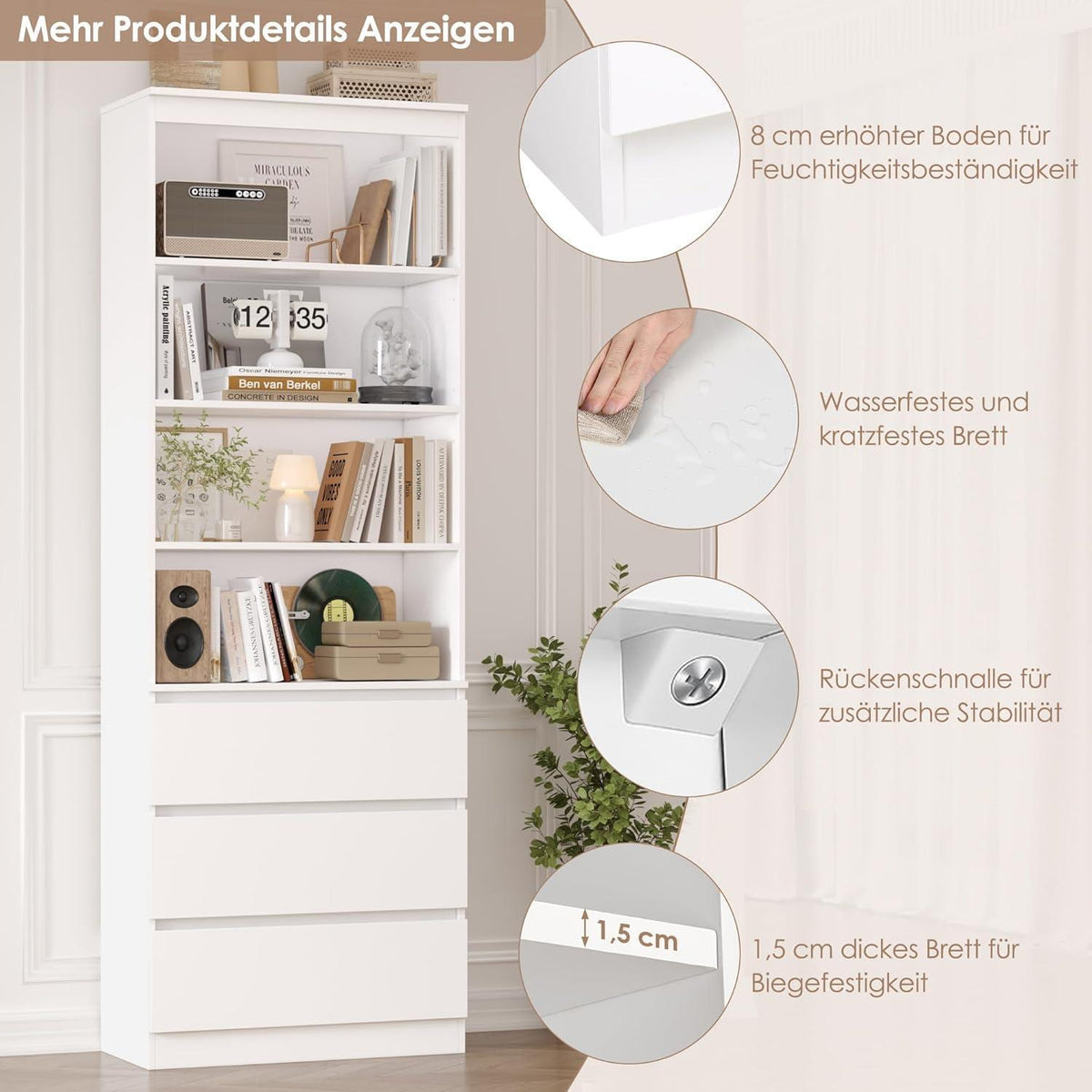 Bücherregal Hochschrank mit Schubladen & verstellbaren Ablagen