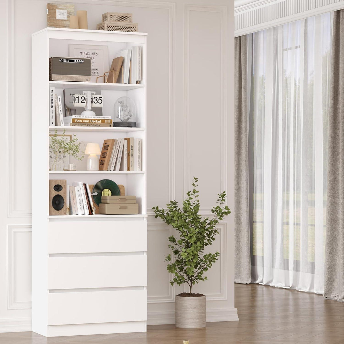 Bücherregal Hochschrank mit Schubladen & verstellbaren Ablagen