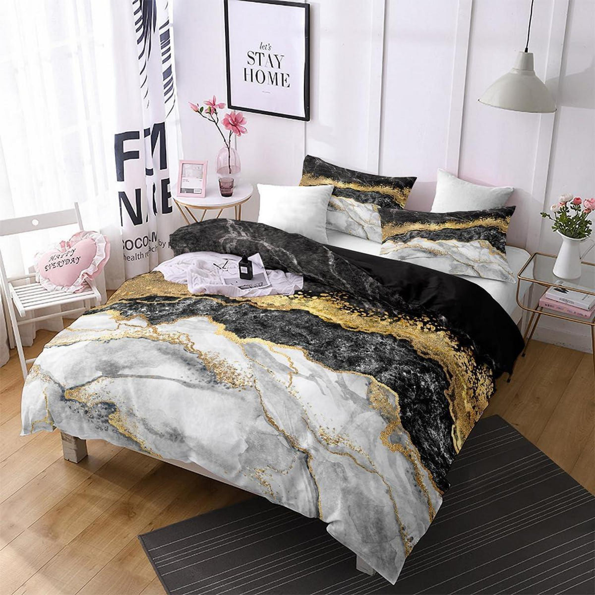 4tlg. Bettwäsche Set Marmor Gold Schwarz 135x200 cm Mikrofaser