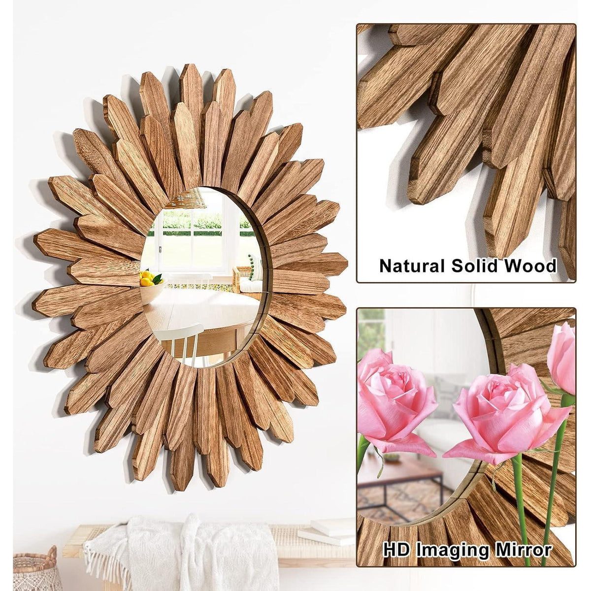 Runder Wandspiegel Holz 53cm – Boho Deko für Wohnzimmer & Bad