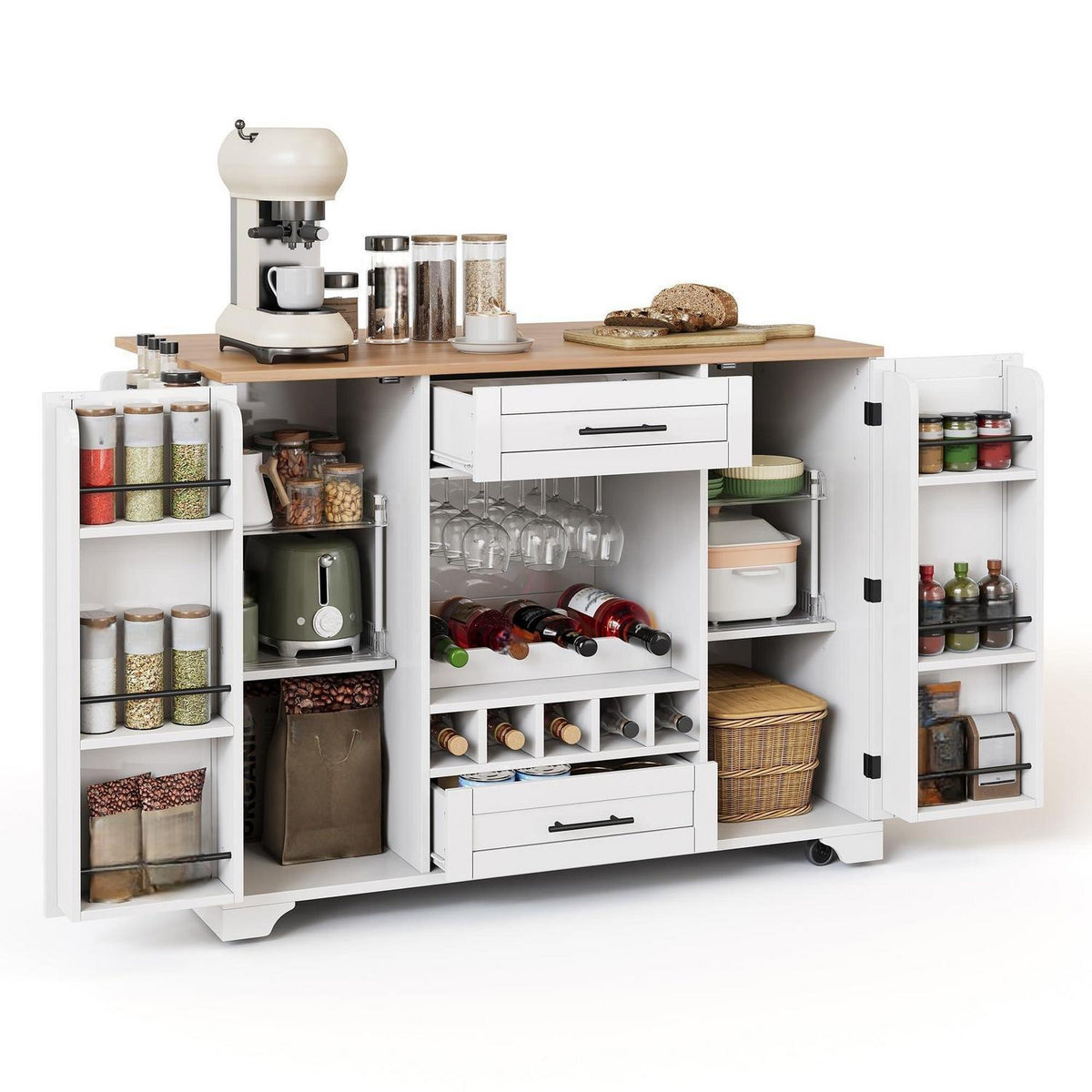 Kücheninsel mit Klappplatte & Weinregal – Weiß 138x45x92cm