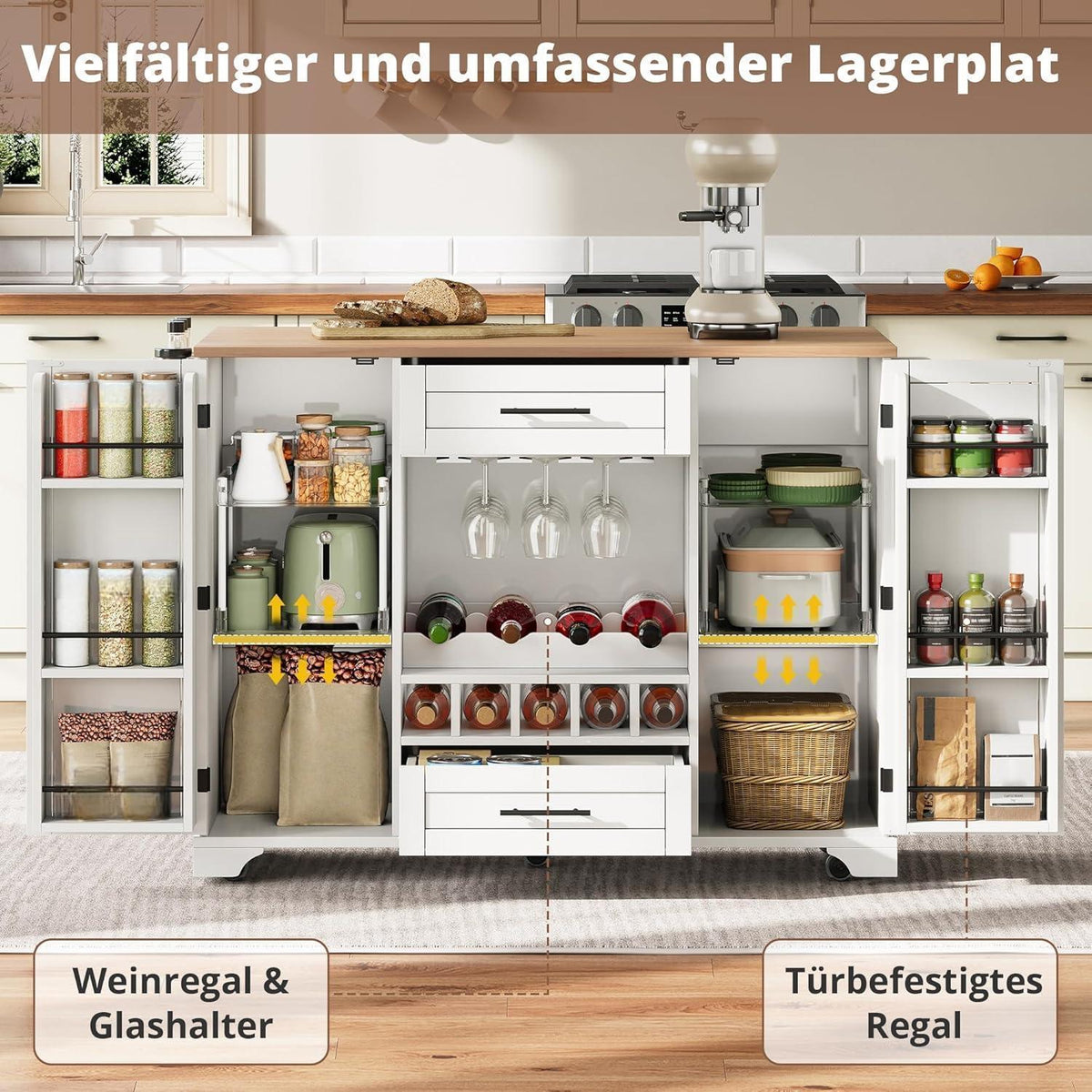Kücheninsel mit Klappplatte & Weinregal – Weiß 138x45x92cm