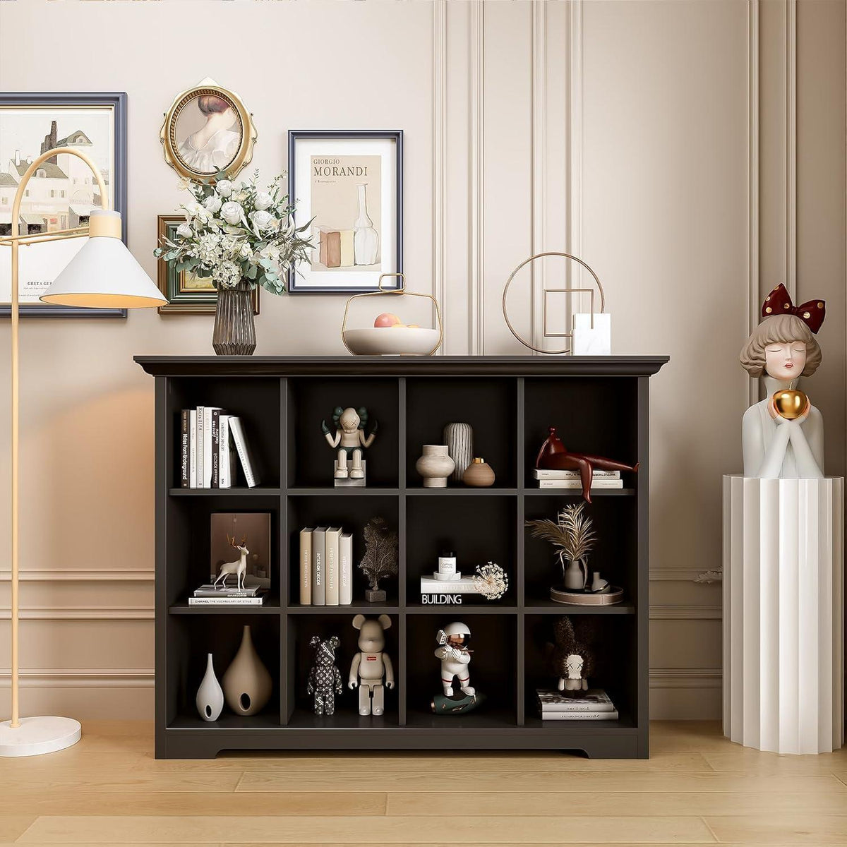 OSCHF 12-Fächer Bücherregal mit Sockel – Modernes Holzregal Schwarz