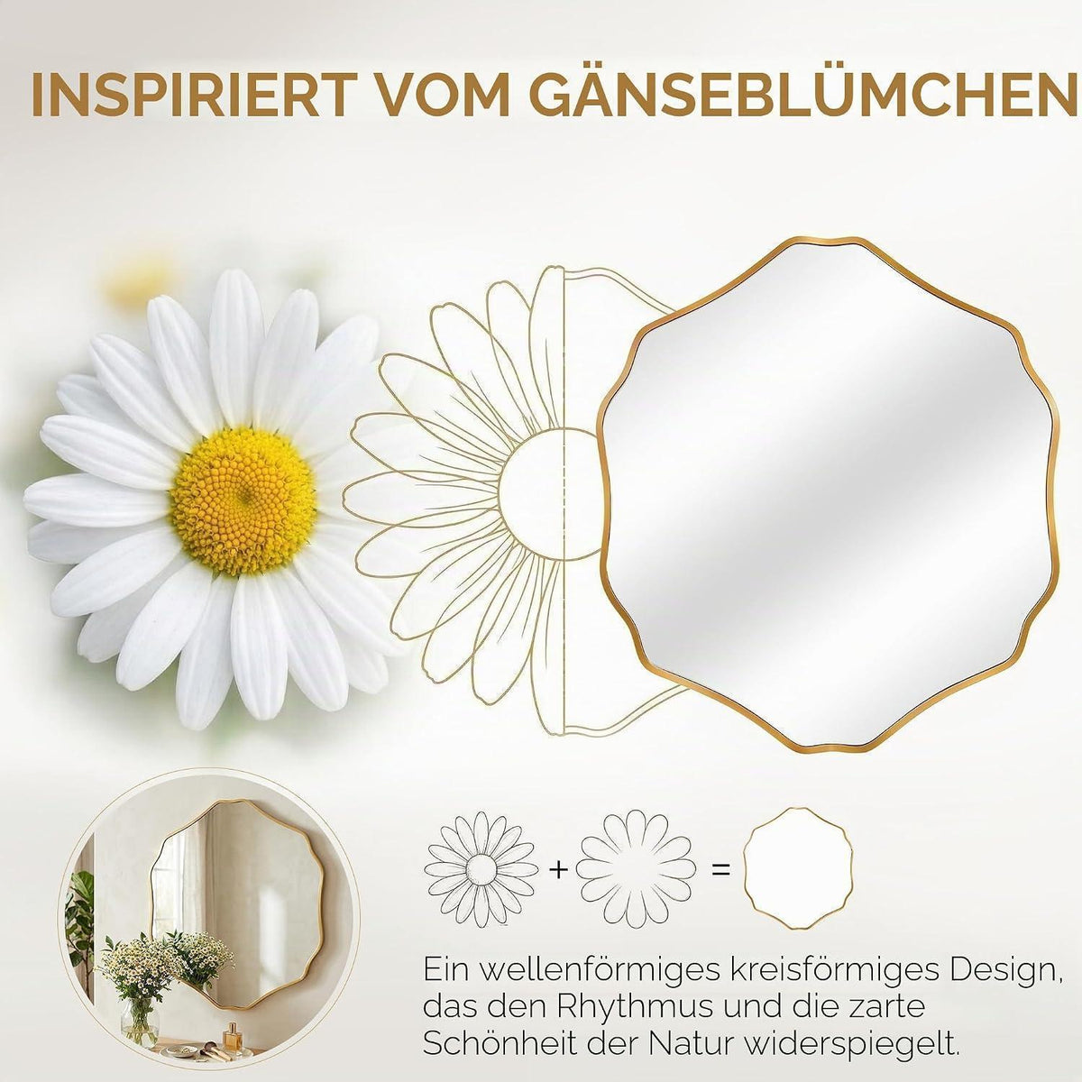 Organischer Sechseck Wandspiegel Gold 90x80 cm