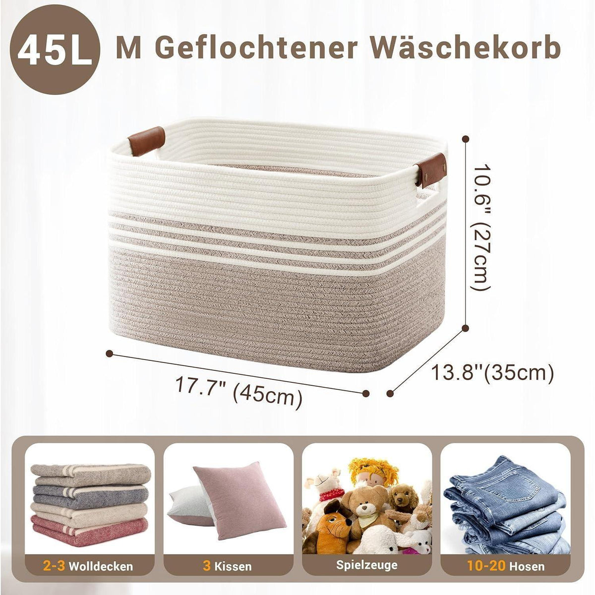 Geflochtener Wäschekorb Baumwolle mit Henkeln, 45L in Lederoptik