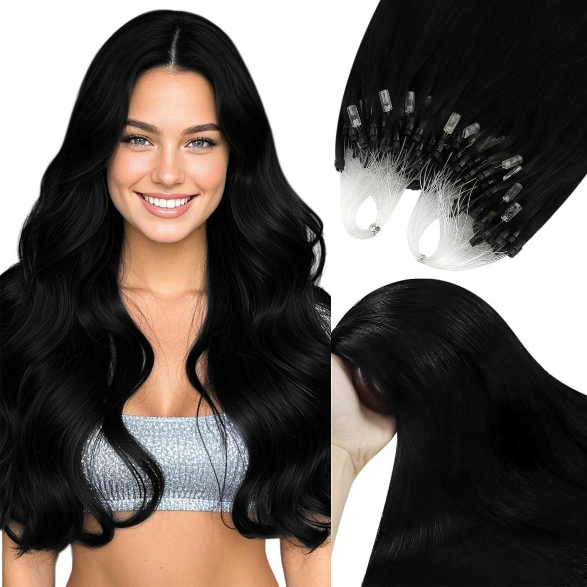 Echthaar Microring Extensions Schwarz 55 cm – Remy Gerade