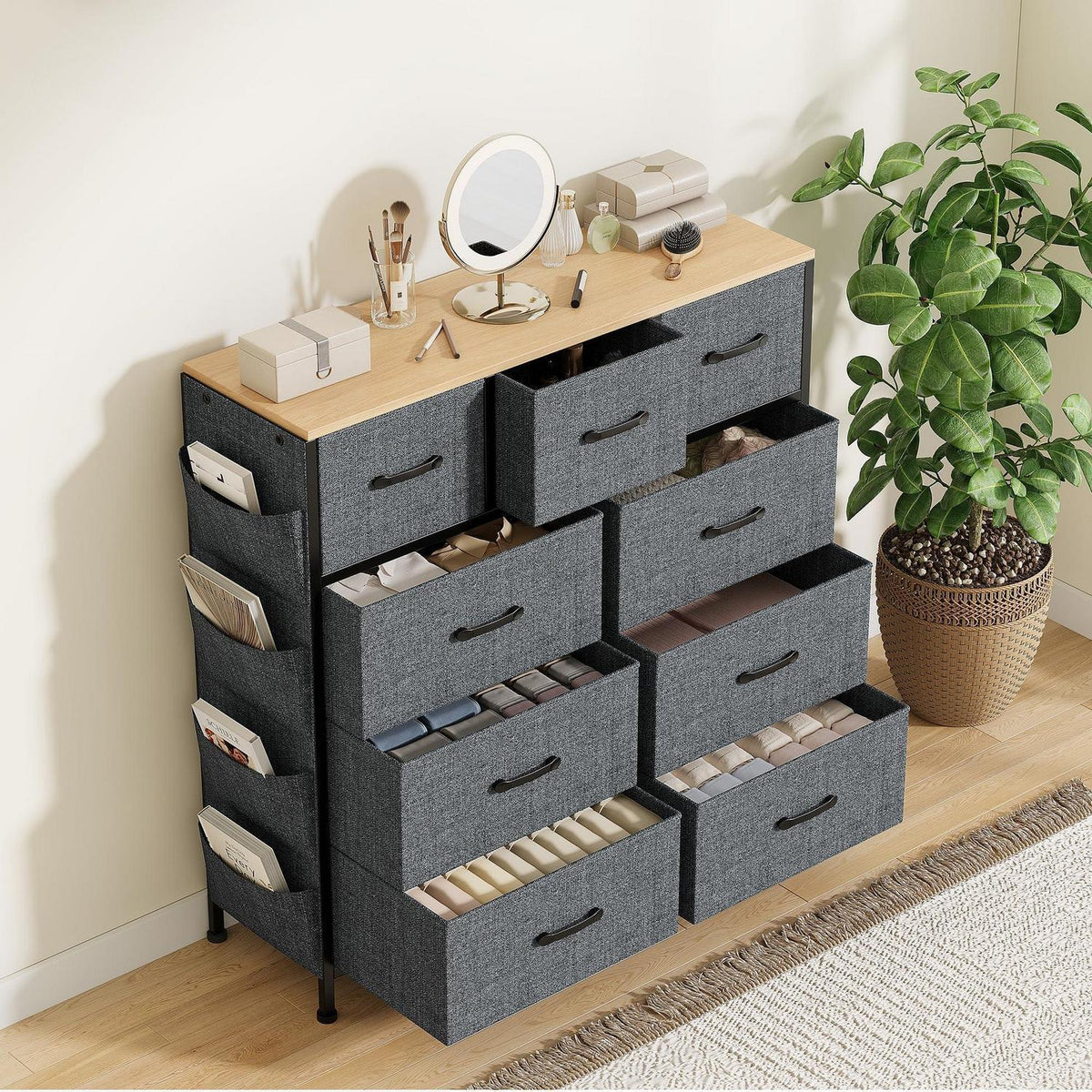 Kommode mit 9 Schubladen – Stoff & Metall, Grau