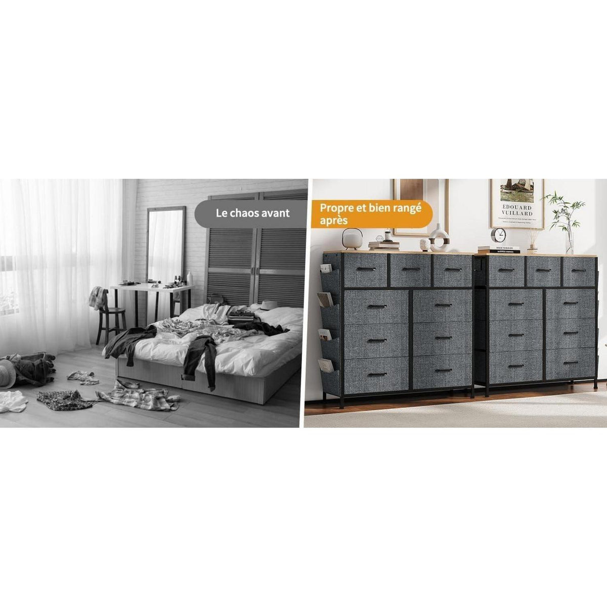 Kommode mit 9 Schubladen – Stoff & Metall, Grau