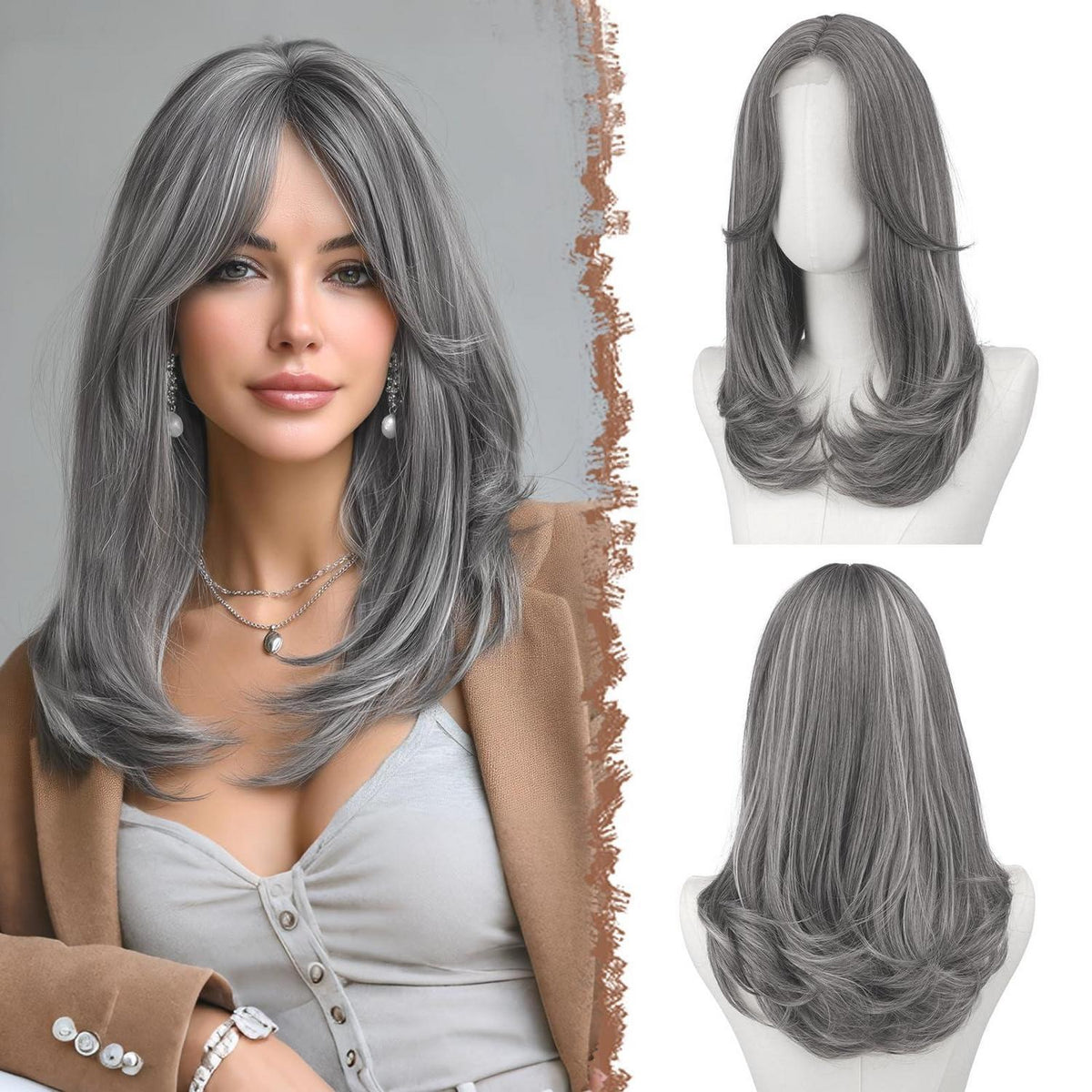 Lange graue Lace Front Perücke mit Pony – Synthetik Haarperücke