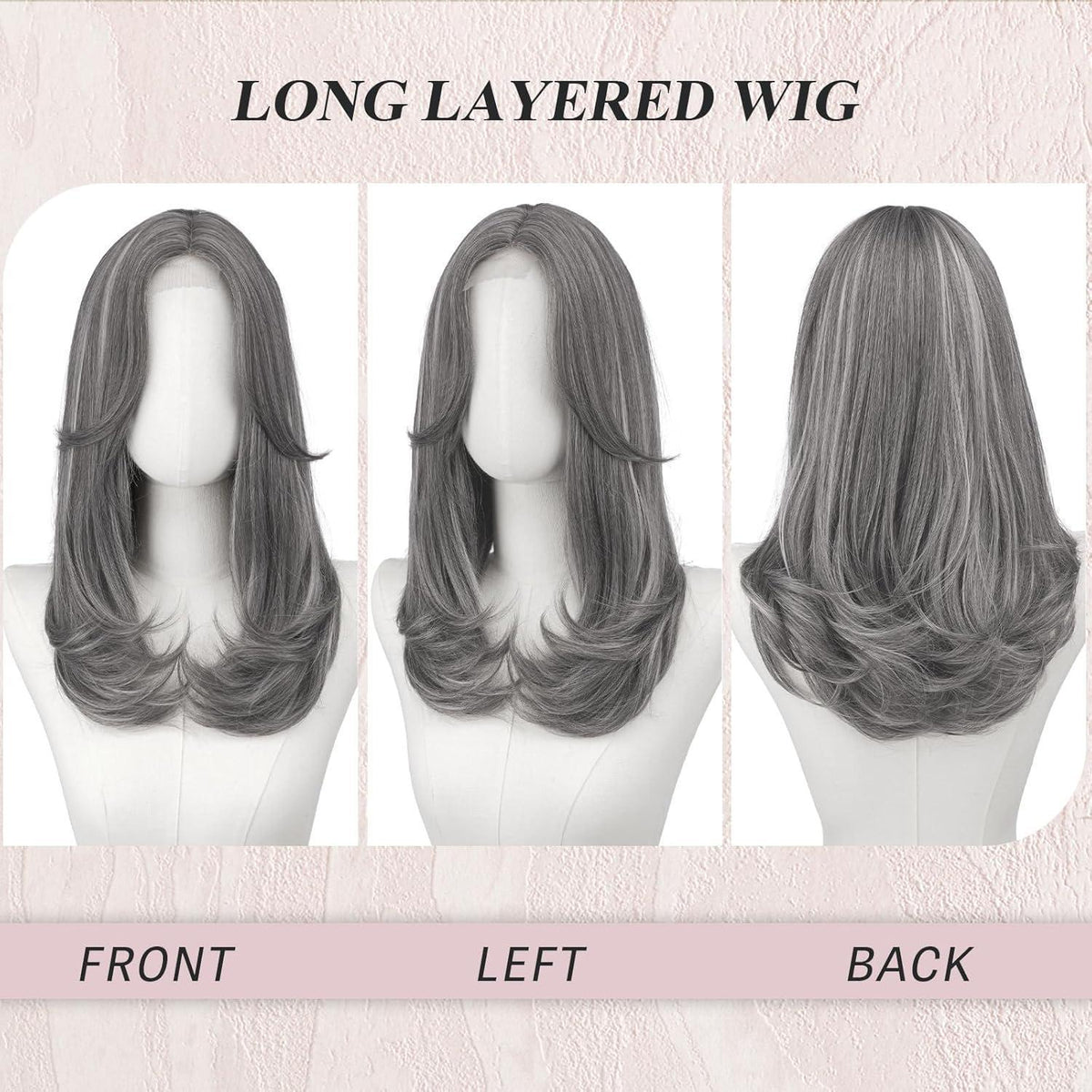 Lange graue Lace Front Perücke mit Pony – Synthetik Haarperücke
