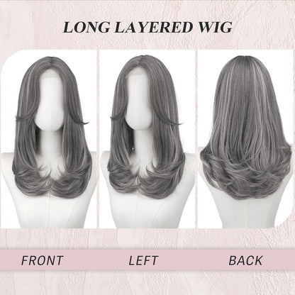 Lange graue Lace Front Perücke mit Pony – Synthetik Haarperücke