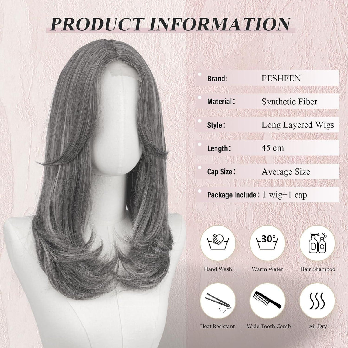 Lange graue Lace Front Perücke mit Pony – Synthetik Haarperücke