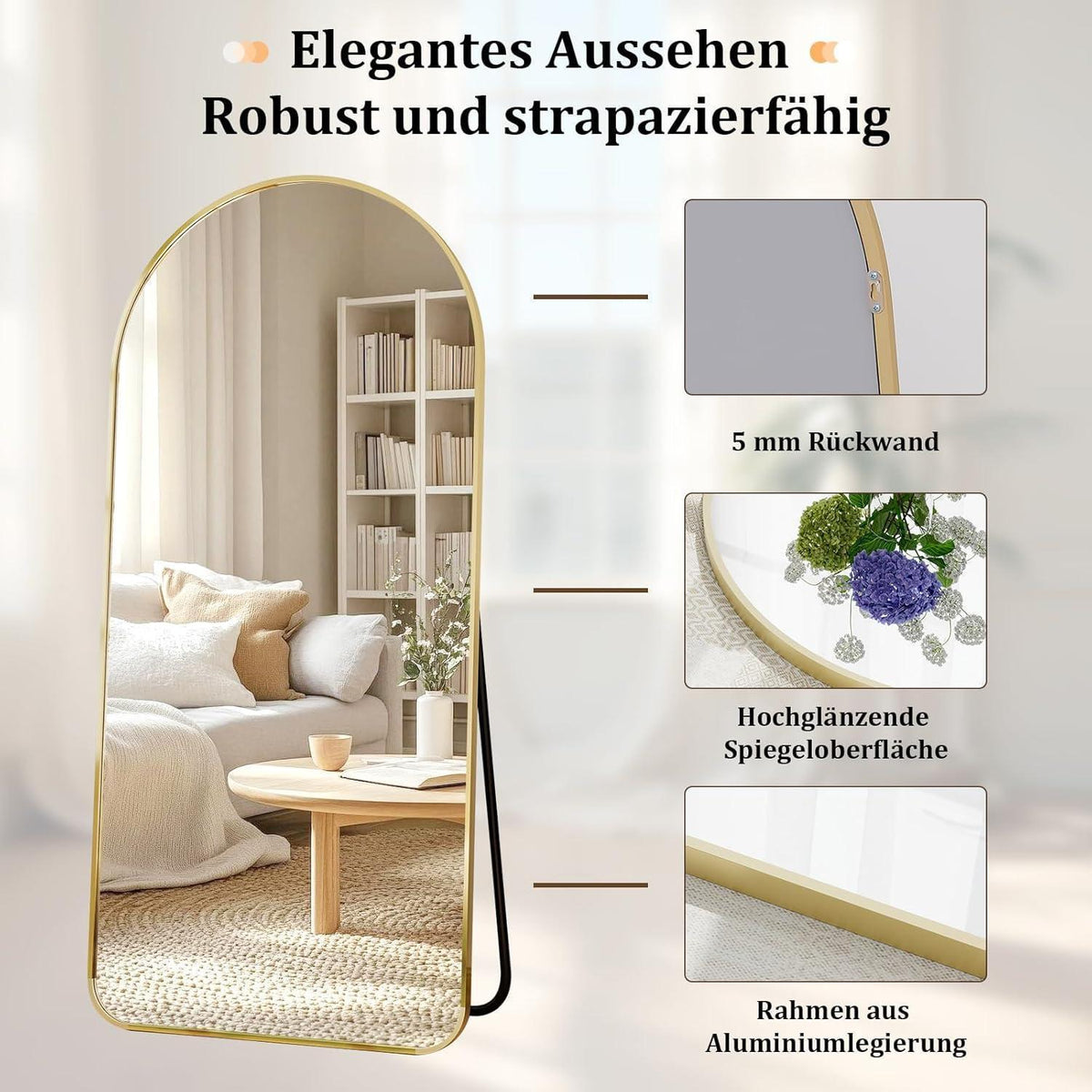Großer Ganzkörperspiegel mit Runden Ecken – Stehend, Hängend, Gold