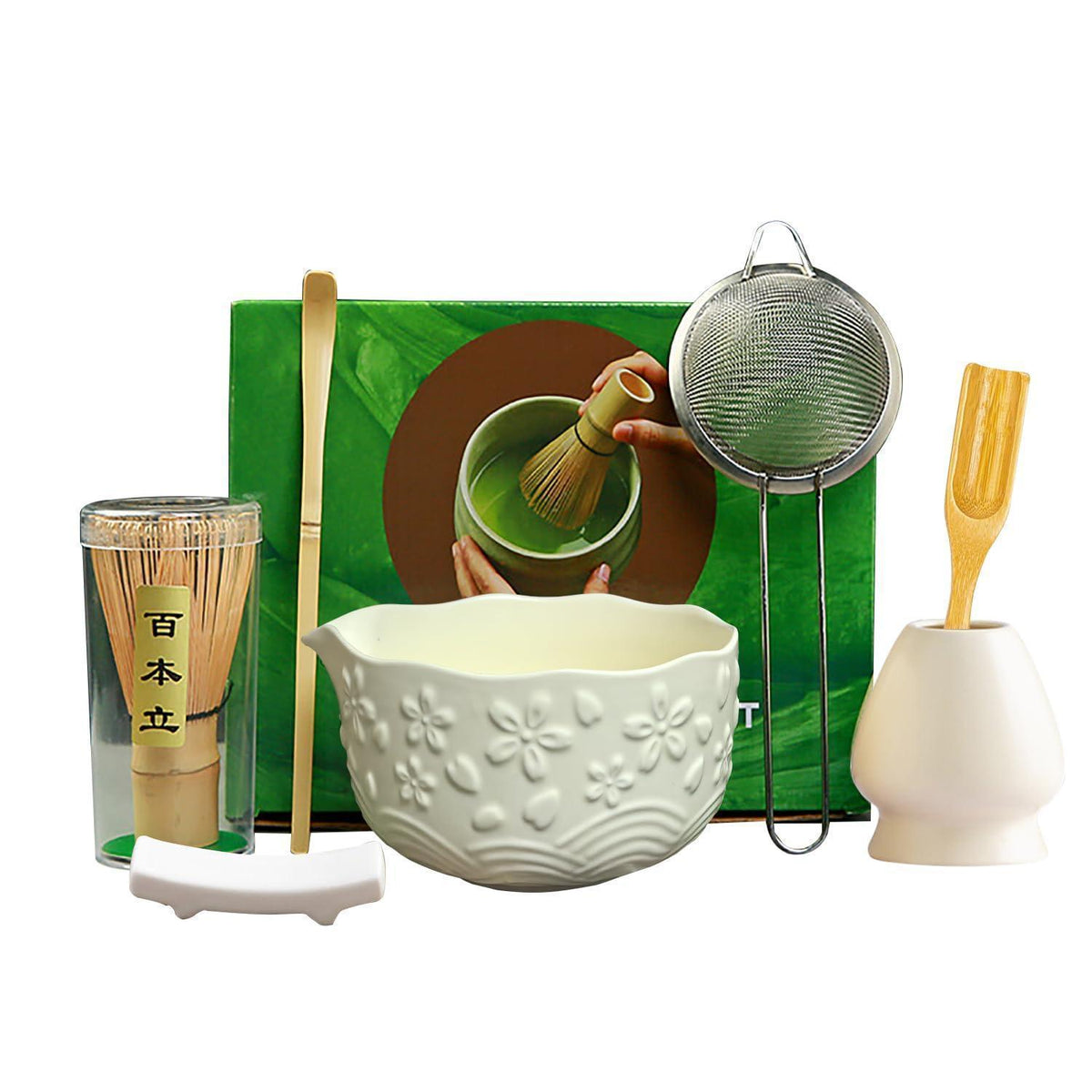 Matcha Tee Set Beige Weiß – 7-teilig für Anfänger