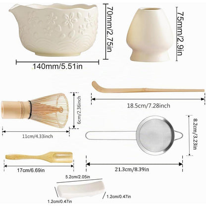 Matcha Tee Set Beige Weiß – 7-teilig für Anfänger