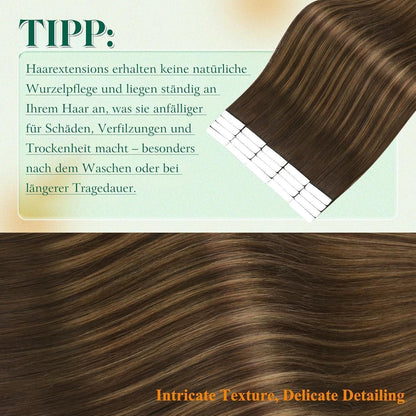 Echthaar Tape Extensions Braun Ombre 55cm - Remy Menschenhaar