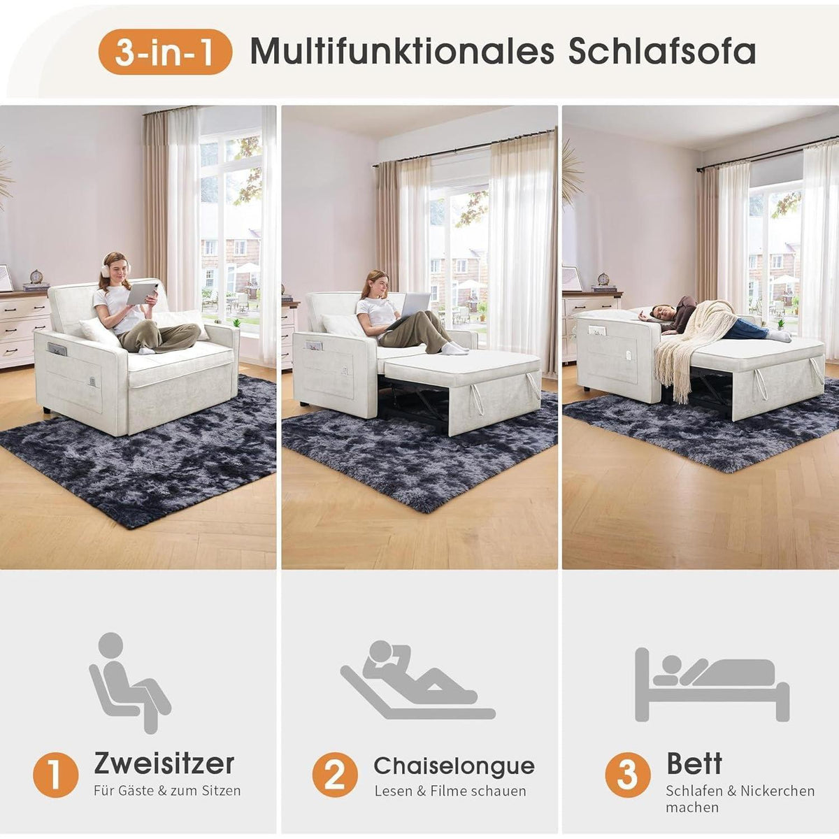 Schlafsofa 186x122cm – Verstellbare Schlafcouch mit Kissen & Tasche