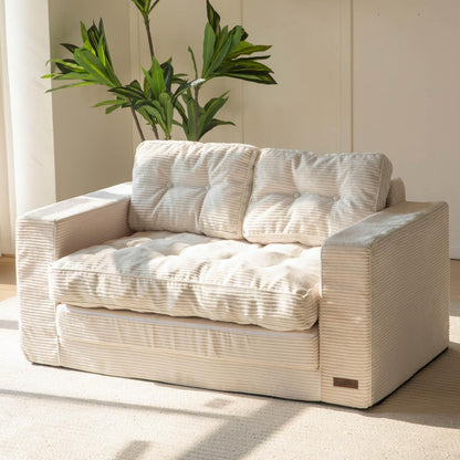 Cremefarbenes Cord Schlafsofa 140cm – 2-Sitzer mit Liegefläche