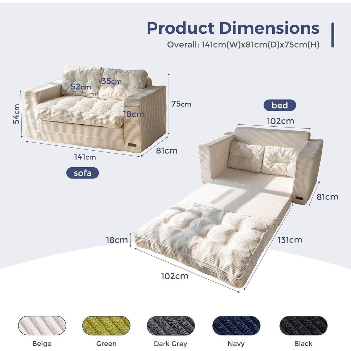 Cremefarbenes Cord Schlafsofa 140cm – 2-Sitzer mit Liegefläche