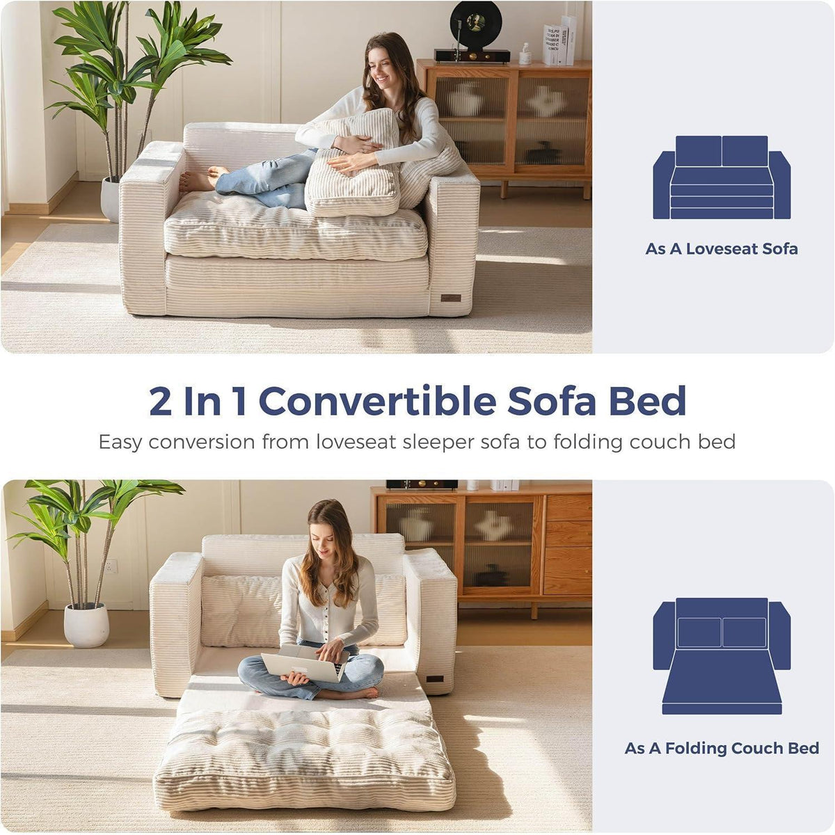 Cremefarbenes Cord Schlafsofa 140cm – 2-Sitzer mit Liegefläche