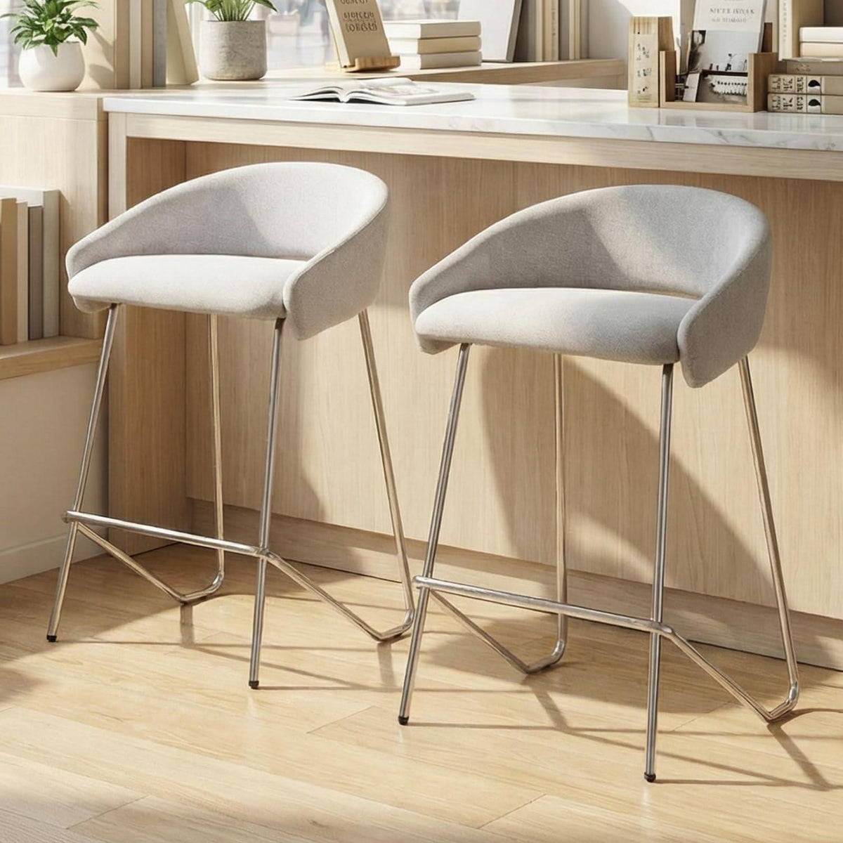Moderner Barhocker Set Grau - Chenille Barstuhl mit Metallgestell