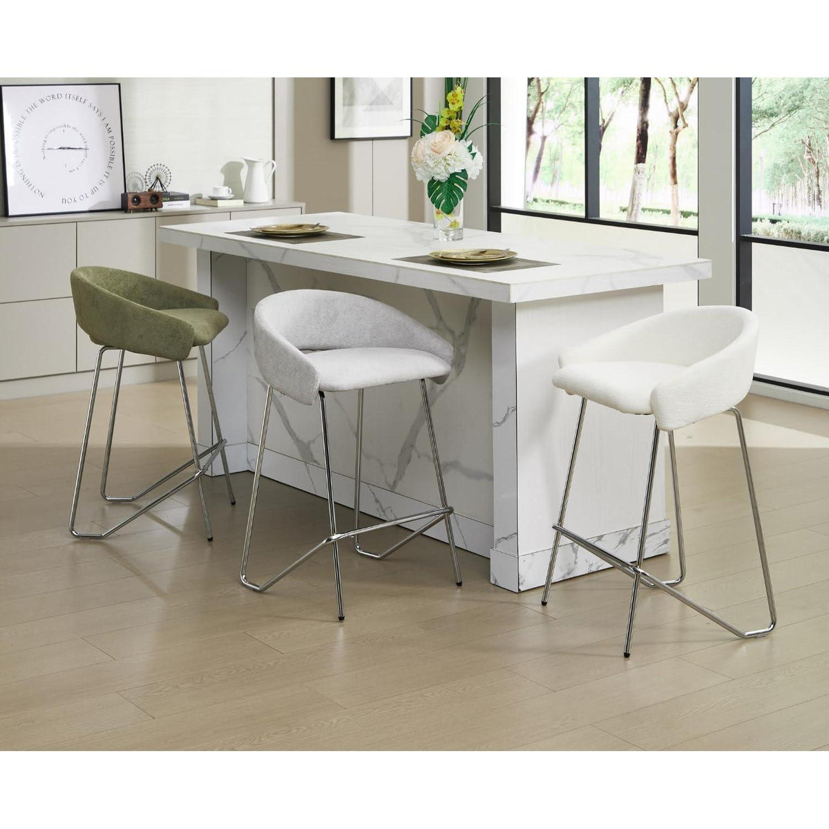 Moderner Barhocker Set Grau - Chenille Barstuhl mit Metallgestell