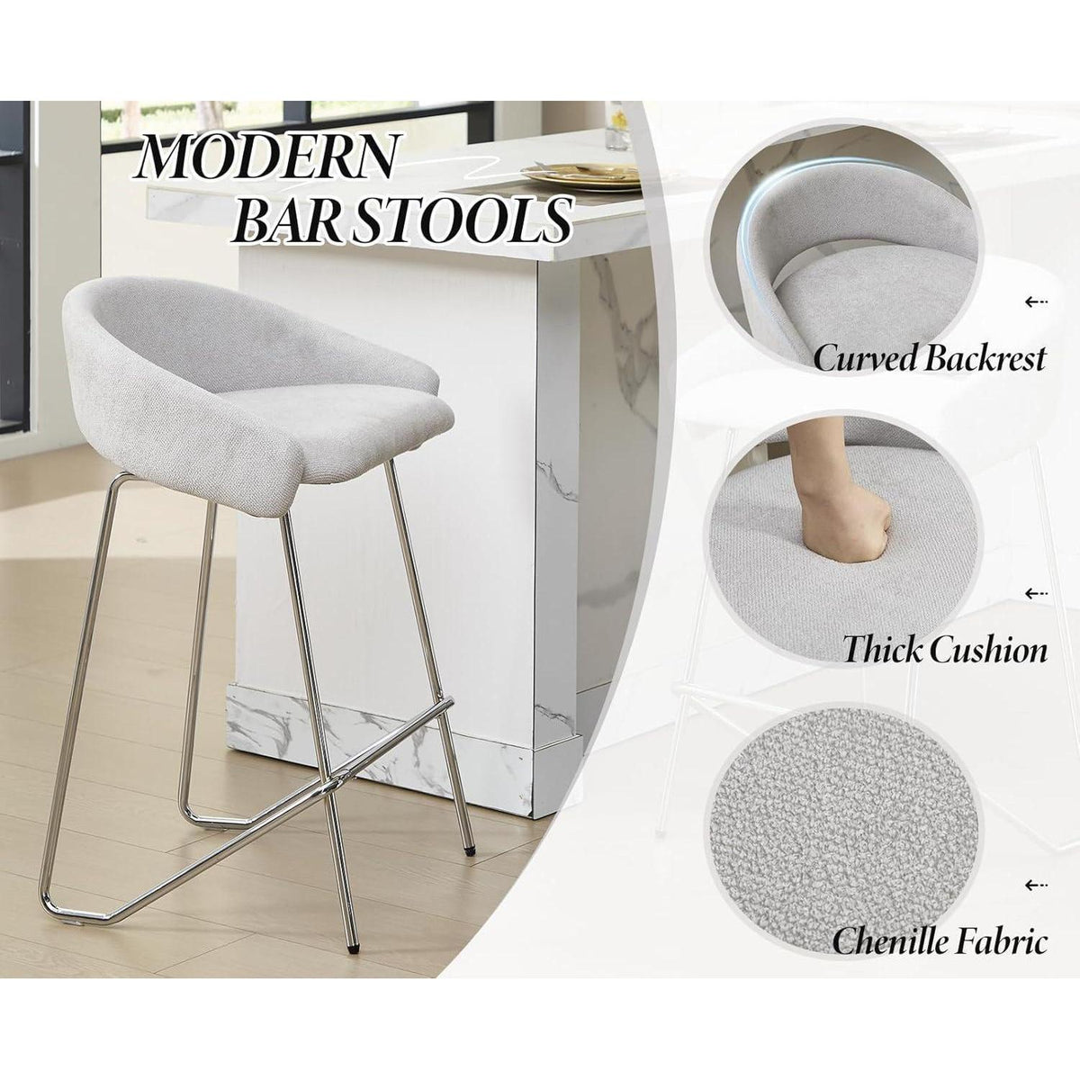 Barhocker Set 4er Grau – Chenille, Metallgestell, Modern
