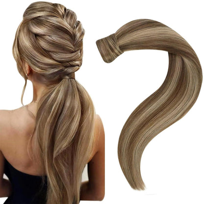Echthaar Zopf Extension Braun mit Honigblond Highlights