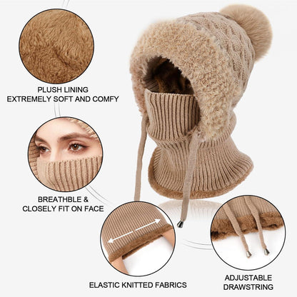 Winter Mütze Damen mit Schal & Gesichtsmaske - Warme Beanie mit Fleece