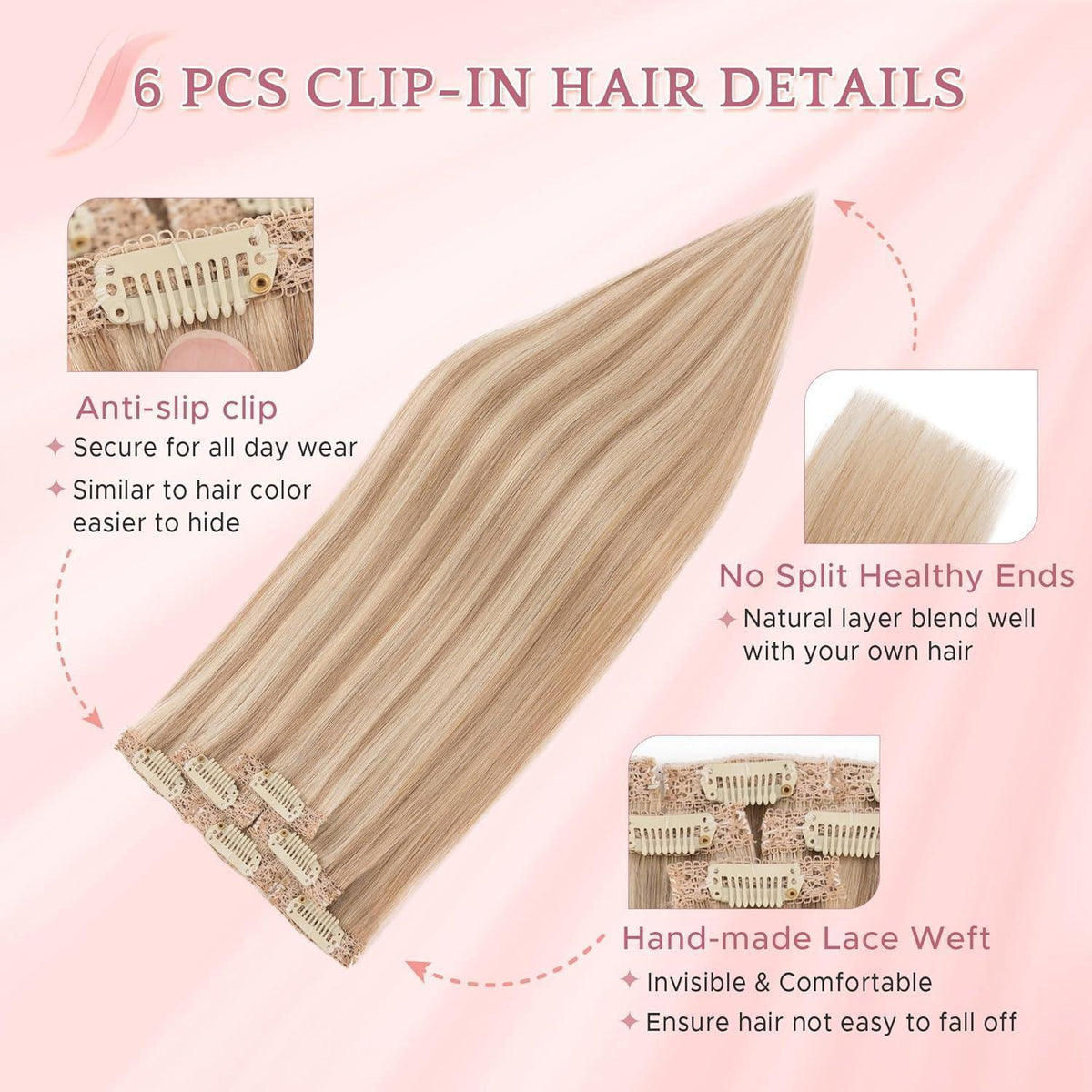Echthaar Clip-in Extensions – Weissbraun/Hellblond #12p613, 35cm