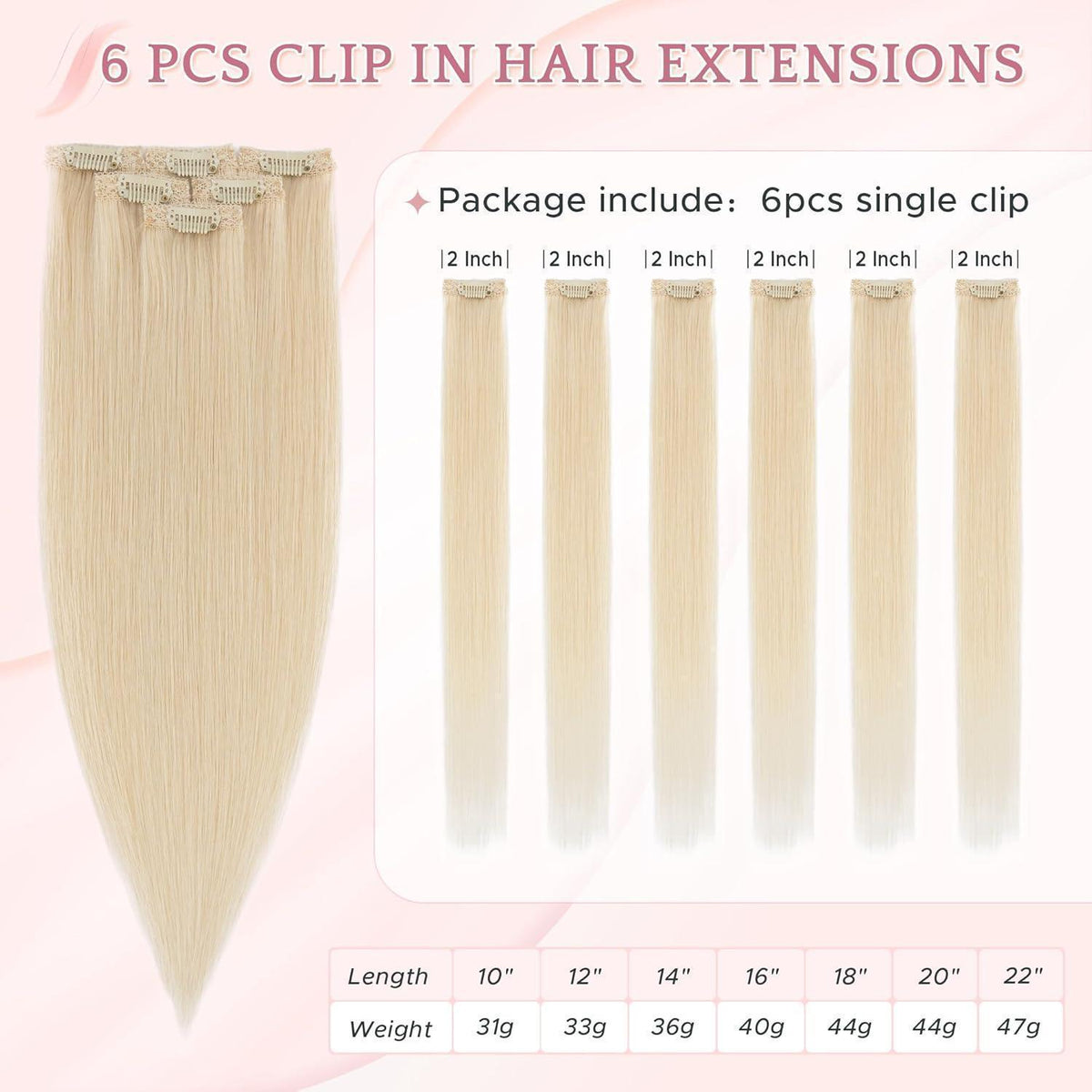 Clip in Haarverlängerung Echthaar Platinumblond #60R 25cm