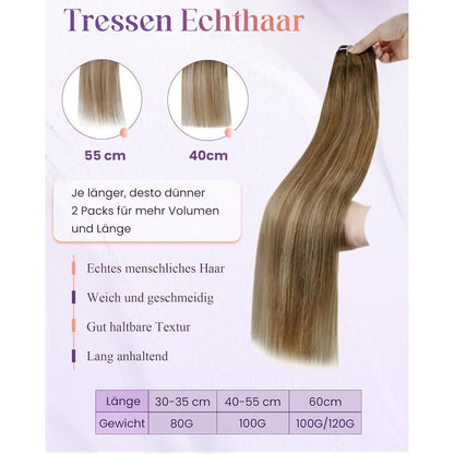 Echthaar Tressen Braun Ombre 60cm zum Einnähen