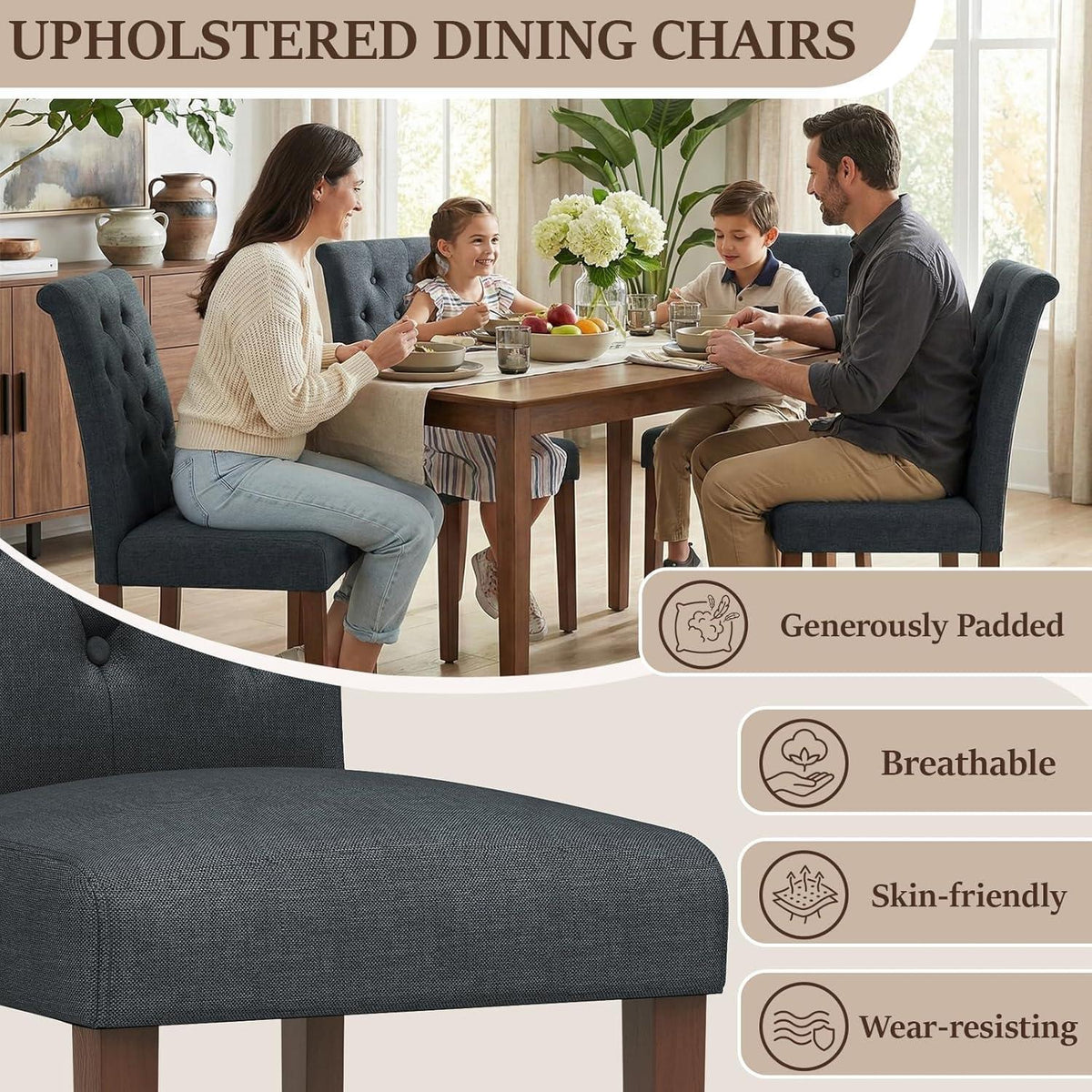 Gepolsterte Esszimmerstühle 4er Set Chesterfield Stil Grau