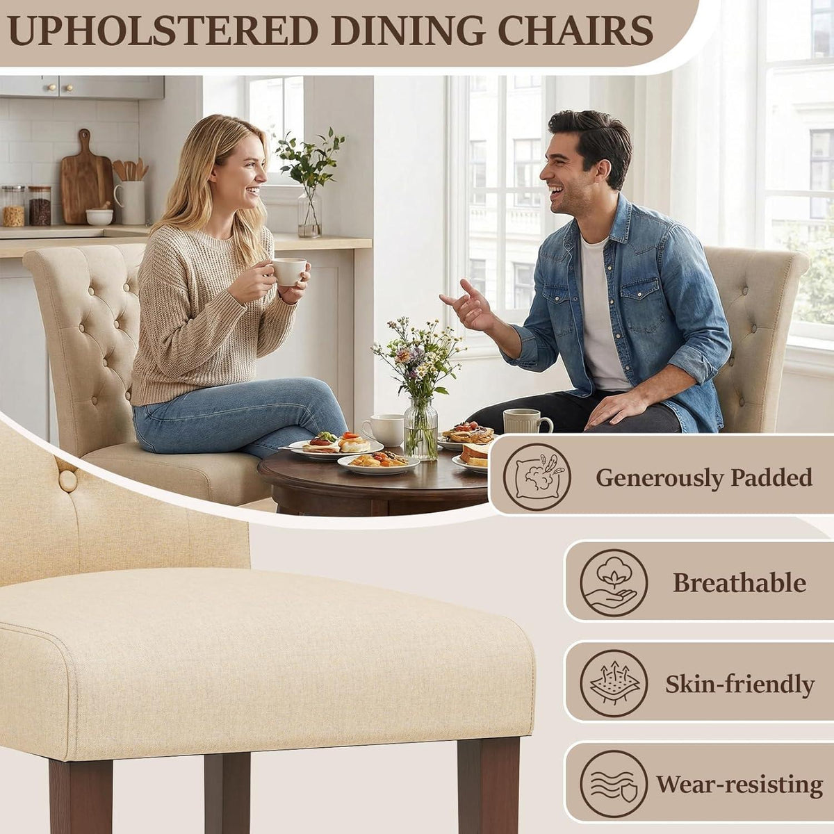 Gepolsterte Esszimmerstühle im Chesterfield Stil (4er Set, Beige)