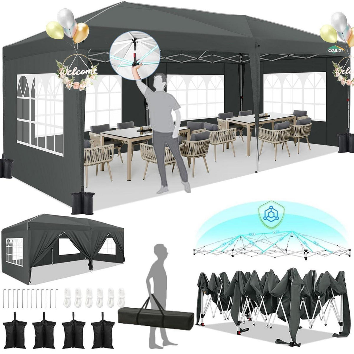 3x6m Faltpavillon wasserdicht mit Seitenwänden & Zubehör