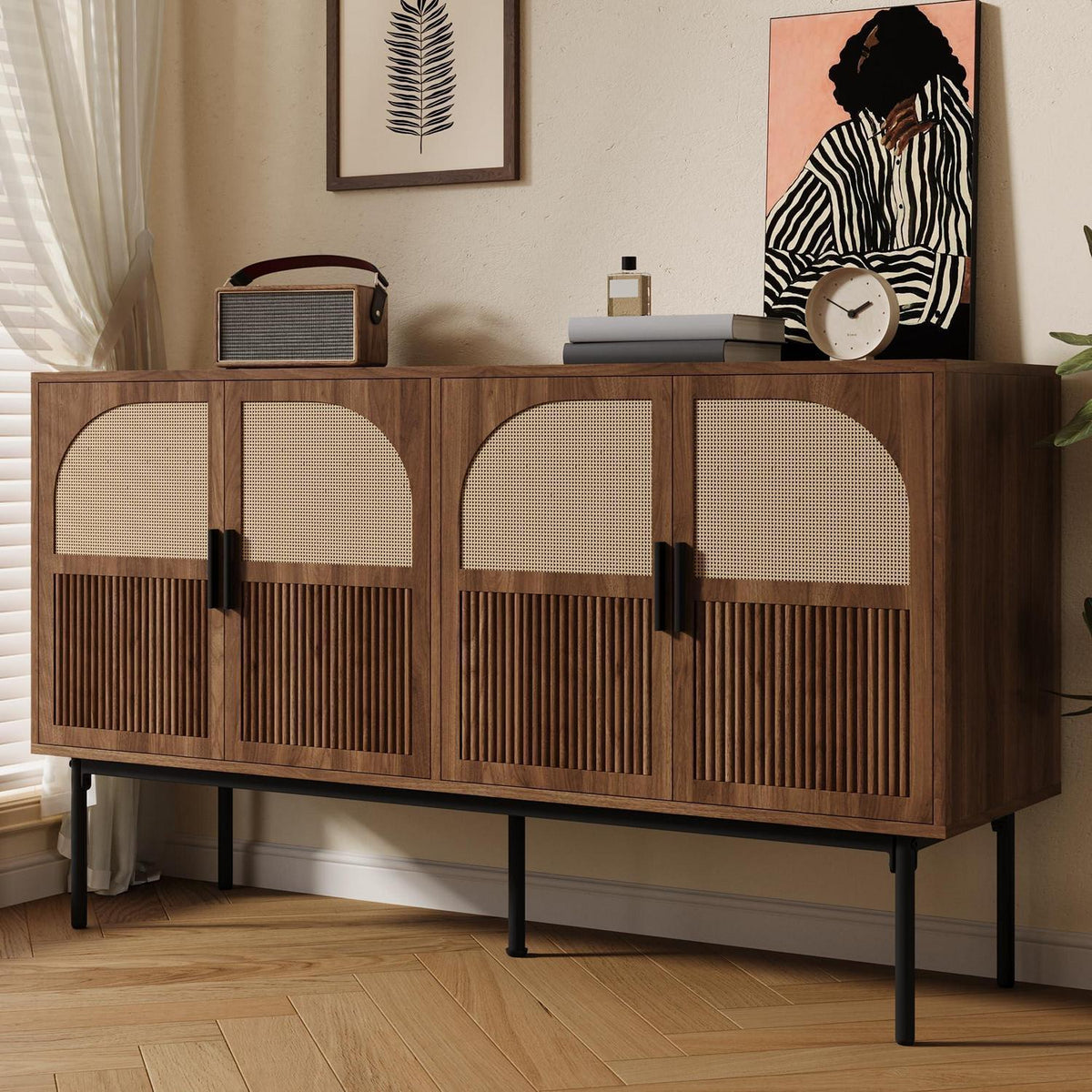 Sideboard mit 4 Türen & Stauraum – 140x40x80cm Holzoptik