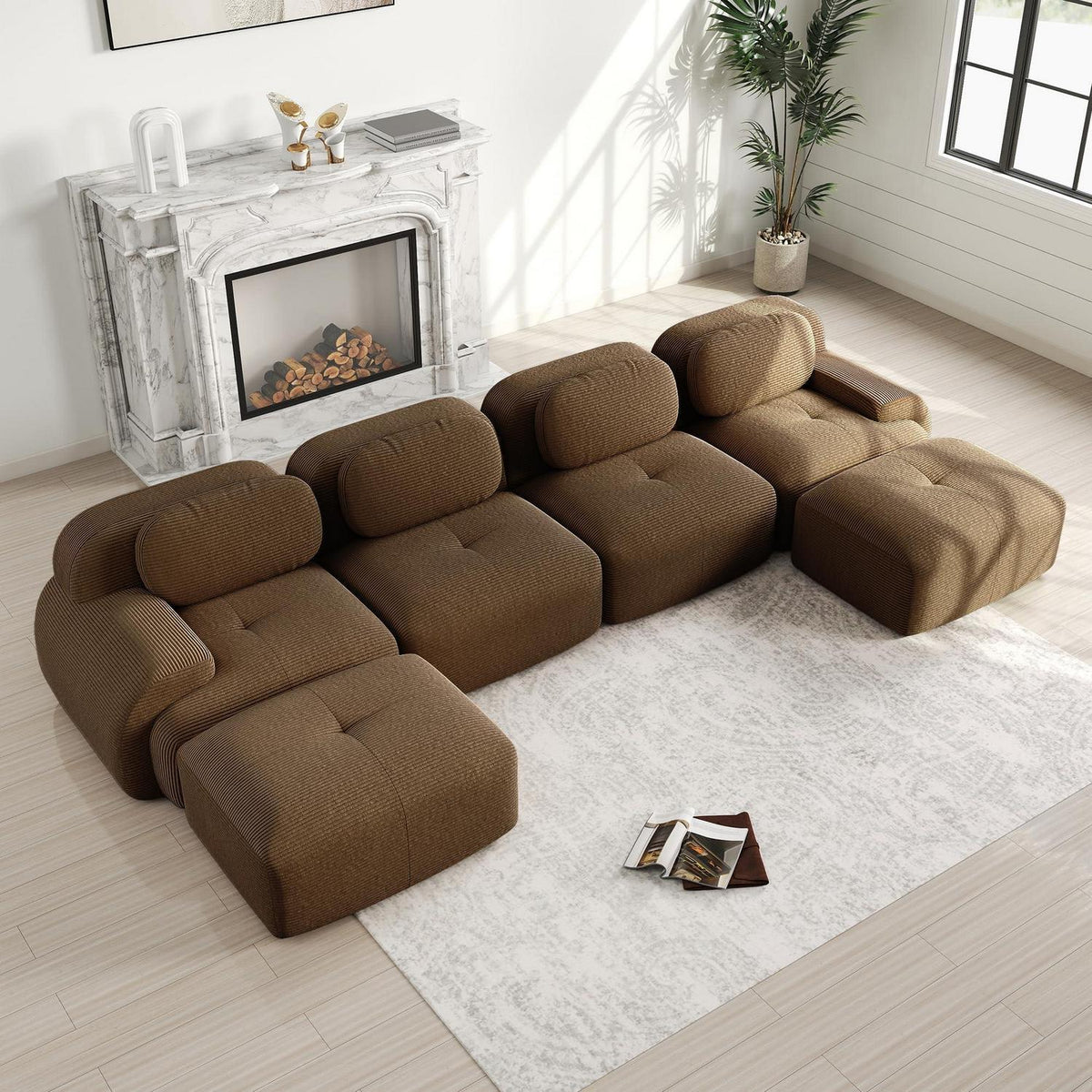 U-förmiges Cord Sofa (4-Sitzer + 2 Hocker) Braun