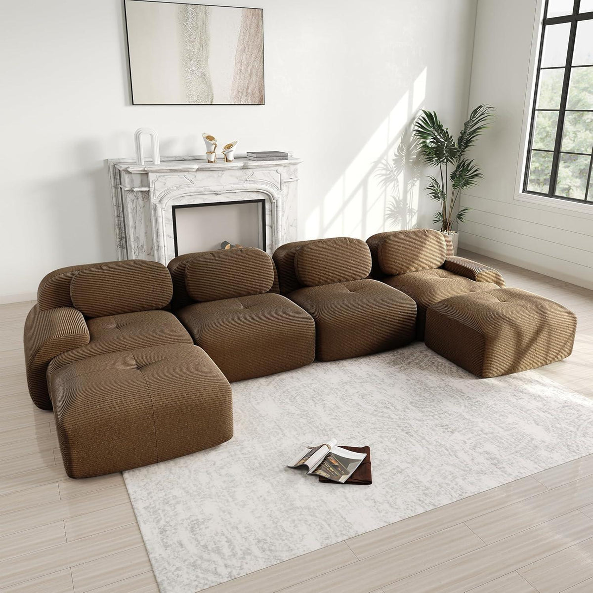 U-förmiges Cord Sofa (4-Sitzer + 2 Hocker) Braun