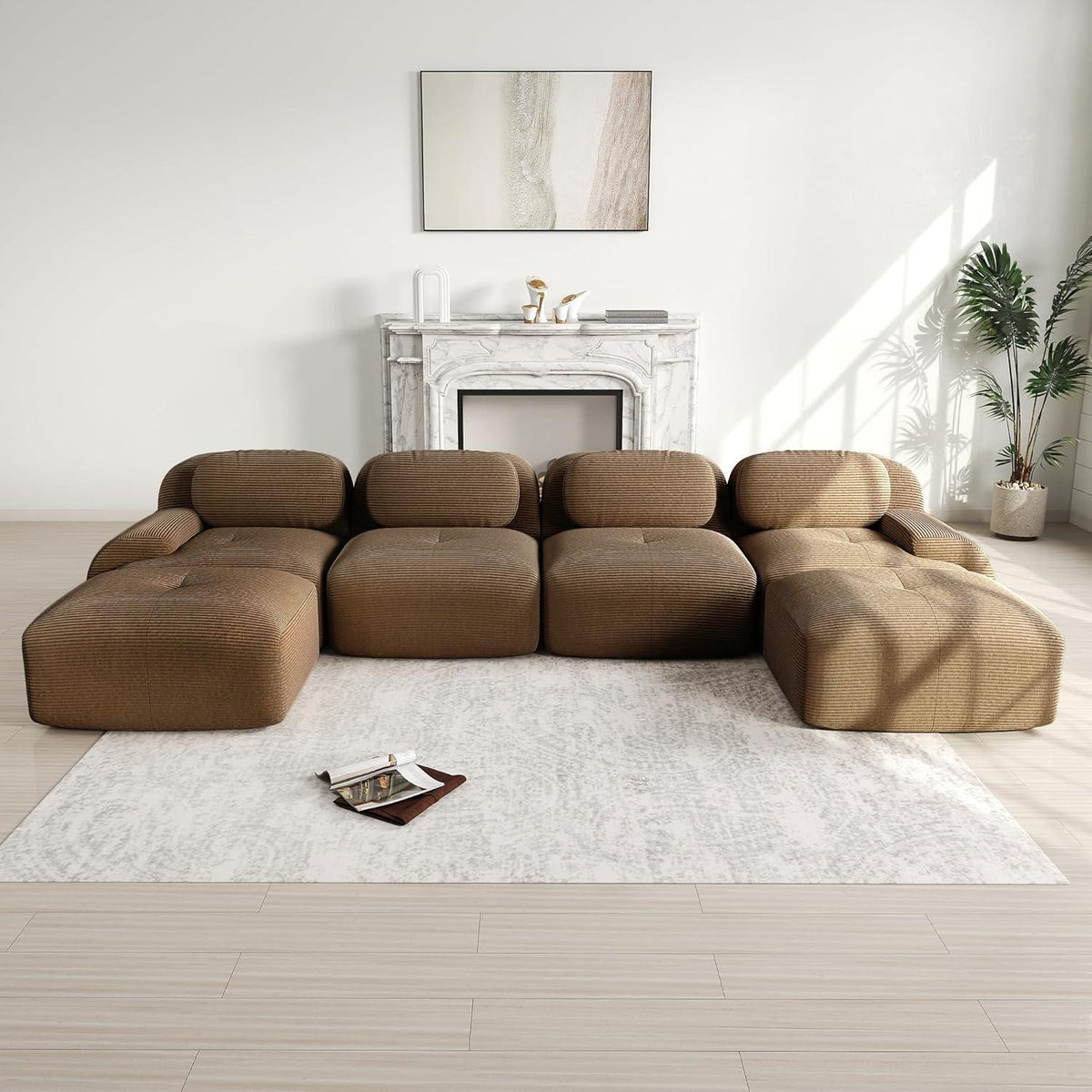 U-förmiges Cord Sofa (4-Sitzer + 2 Hocker) Braun