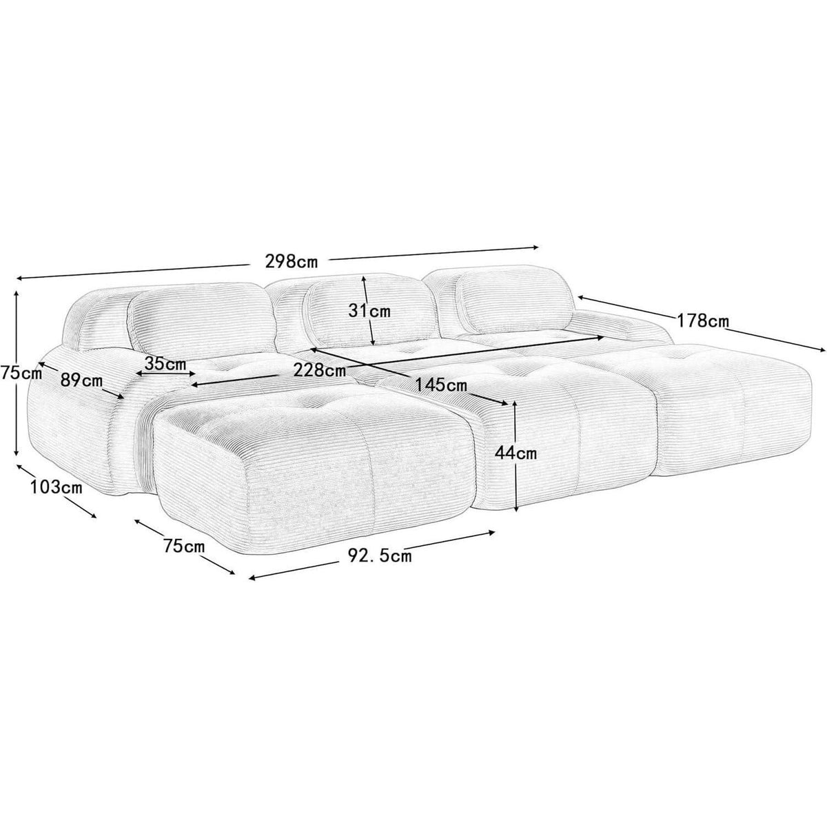 3-6 Sitzer Cord Sofa Braun – Modulares Wohnzimmer Sofa mit Hockern