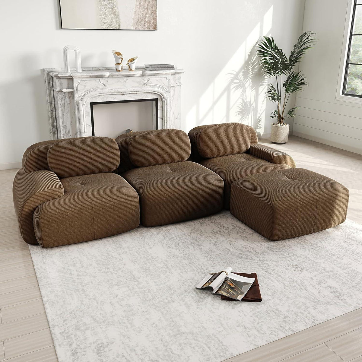 L-Form Sofa Cord Stoff Braun (3-Sitzer + Hocker) für Wohnzimmer
