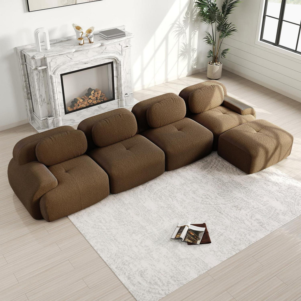 L-förmiges Sofa Cord Stoff Braun (4-Sitzer + Hocker) für Wohnzimmer