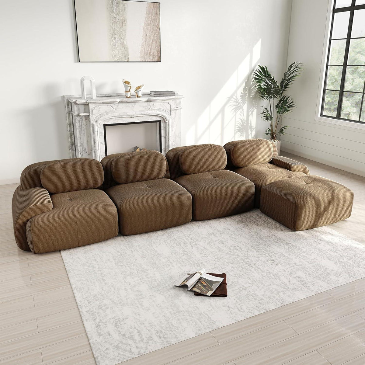 L-förmiges Sofa Cord Stoff Braun (4-Sitzer + Hocker) für Wohnzimmer